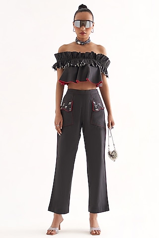 Grey Cotton Embellished Co-Ord Set by Our Love
