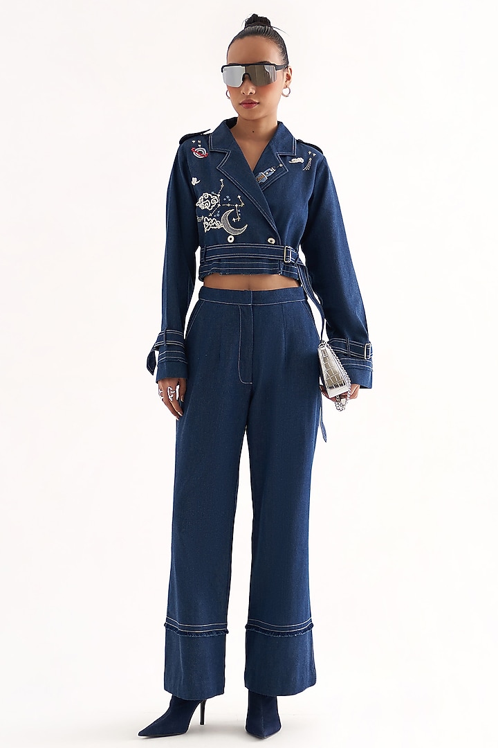 Blue Denim Hand Embroidered Cropped Jacket Set by Our Love