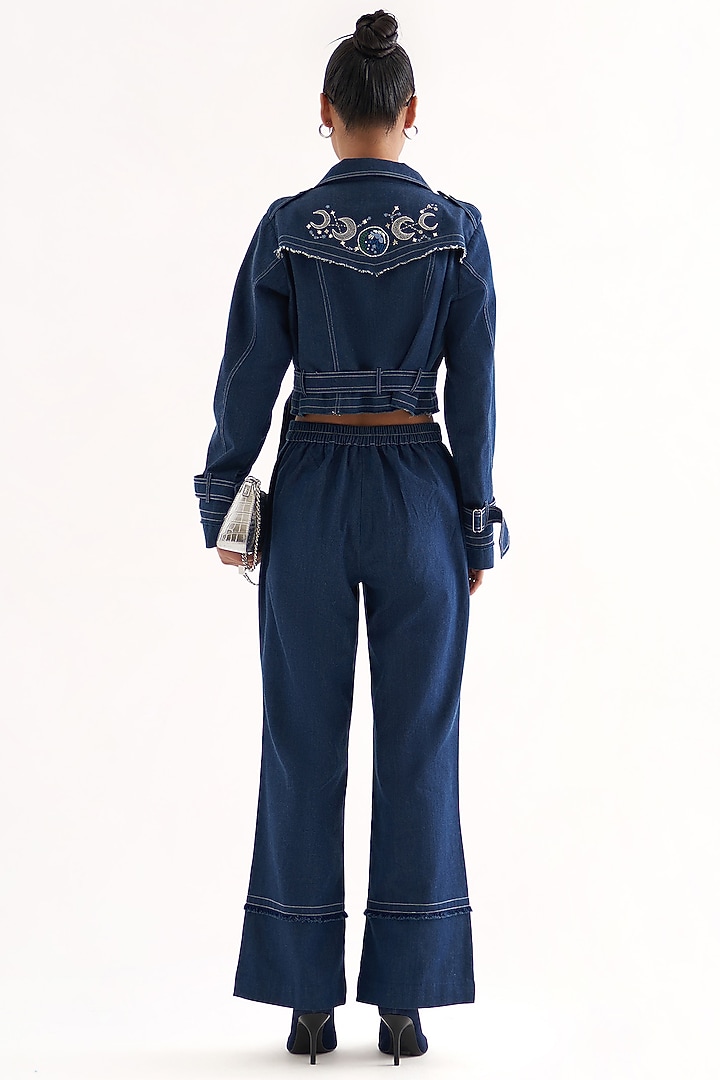 Blue Denim Hand Embroidered Cropped Jacket Set by Our Love at Pernia's Pop Up Shop