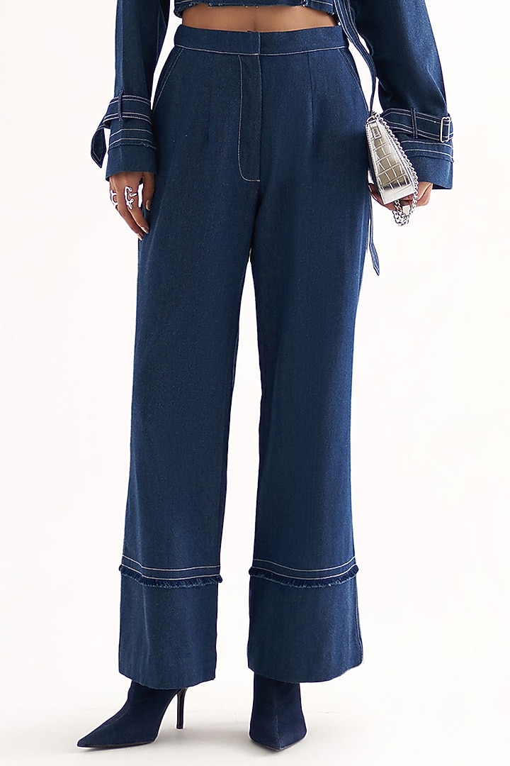 Blue Denim Hand Embroidered Cropped Jacket Set by Our Love at Pernia's Pop Up Shop