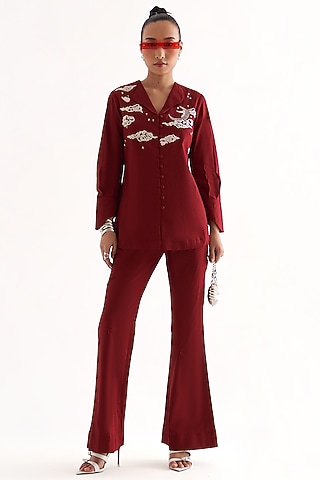Plum Cotton Hand Embroidered Co-Ord Set by Our Love