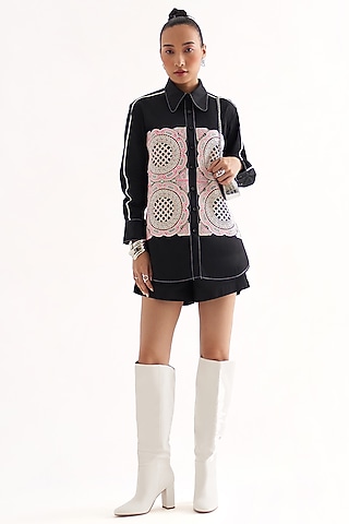 Black Cotton Satin Lace Patchwork Co-Ord Set by Our Love