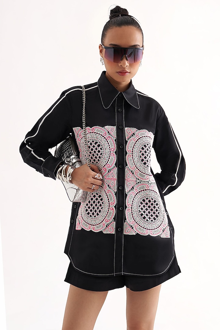 Black Cotton Satin Lace Patchwork Co-Ord Set by Our Love at Pernia's Pop Up Shop