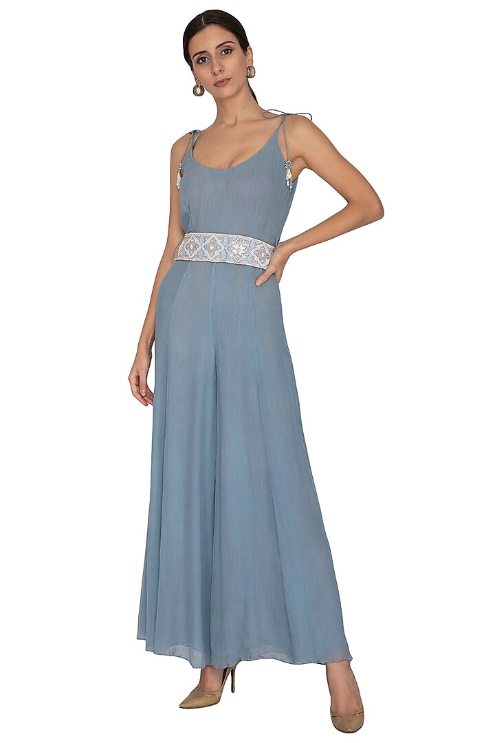 Dusky Blue Jumpsuit With Embroidered Belt by Our Love