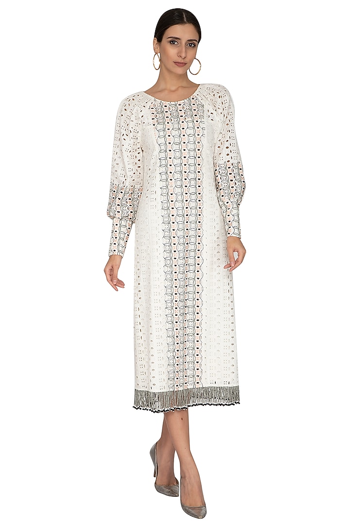 White & Black Embroidered Fringed Vacation Dress by Our Love at Pernia's Pop Up Shop