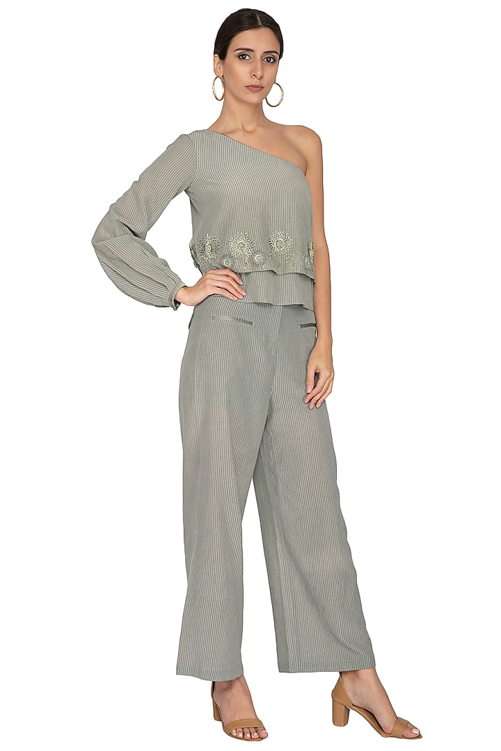 Artichoke Green Embroidered One Shoulder Top by Our Love at Pernia's Pop Up Shop