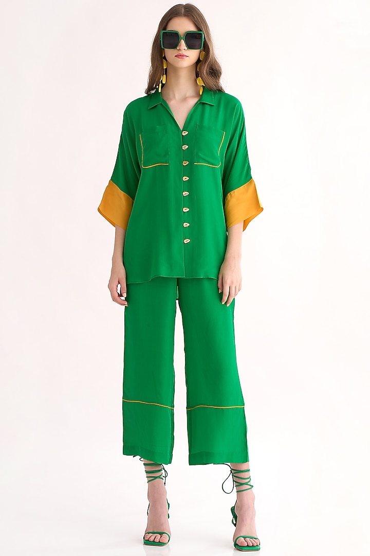 Emerald Green Silk Crepe Pant Set by Our Love at Pernia's Pop Up Shop