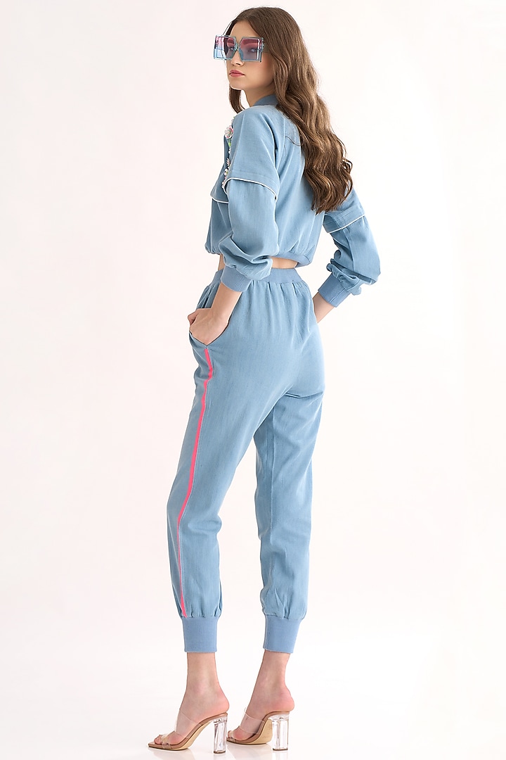 Denim Embroidered Drop Shoulder Jacket Set by Our Love at Pernia's Pop Up Shop