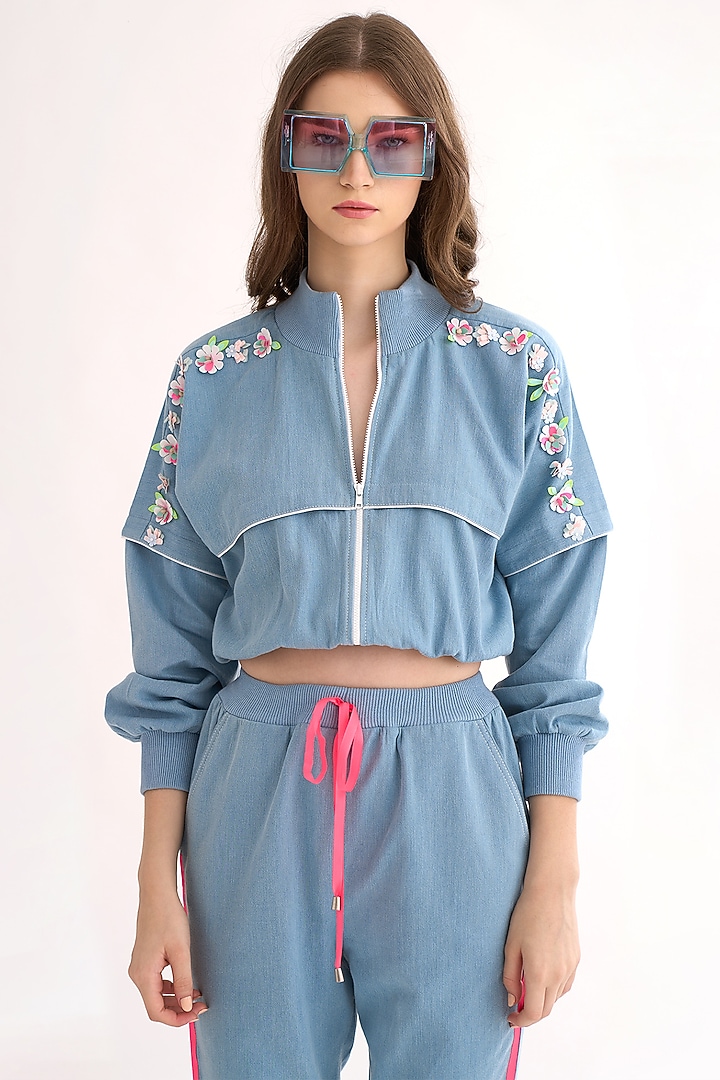 Denim Embroidered Drop Shoulder Jacket Set by Our Love at Pernia's Pop Up Shop