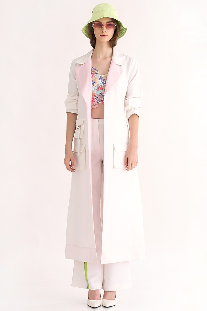 White Colorblocked Flared Pant Set With Trench by Our Love at Pernia's Pop Up Shop