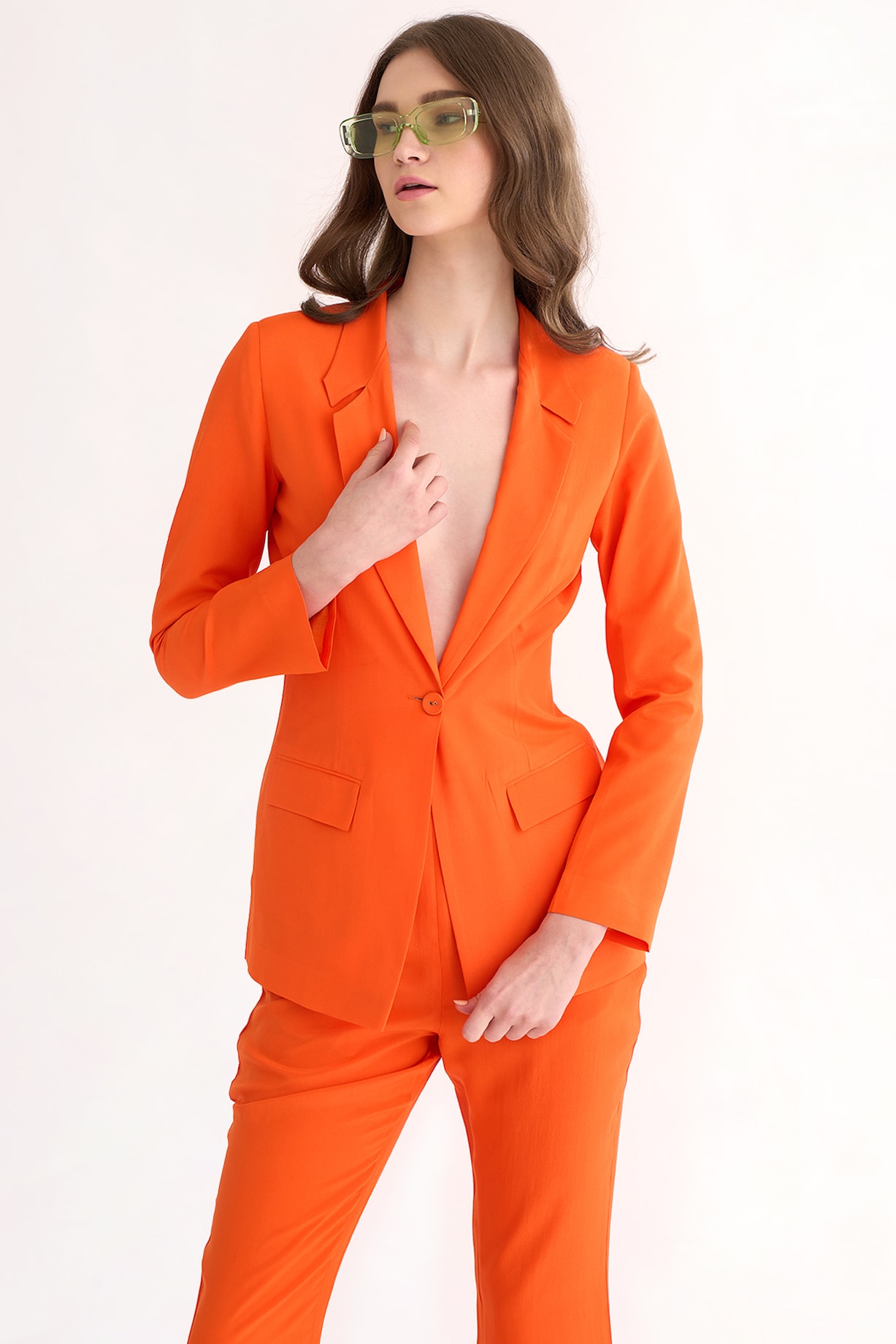 Poppy Orange Silk Crepe Blazer Set Design by Our Love at Pernia's Pop Up  Shop 2024