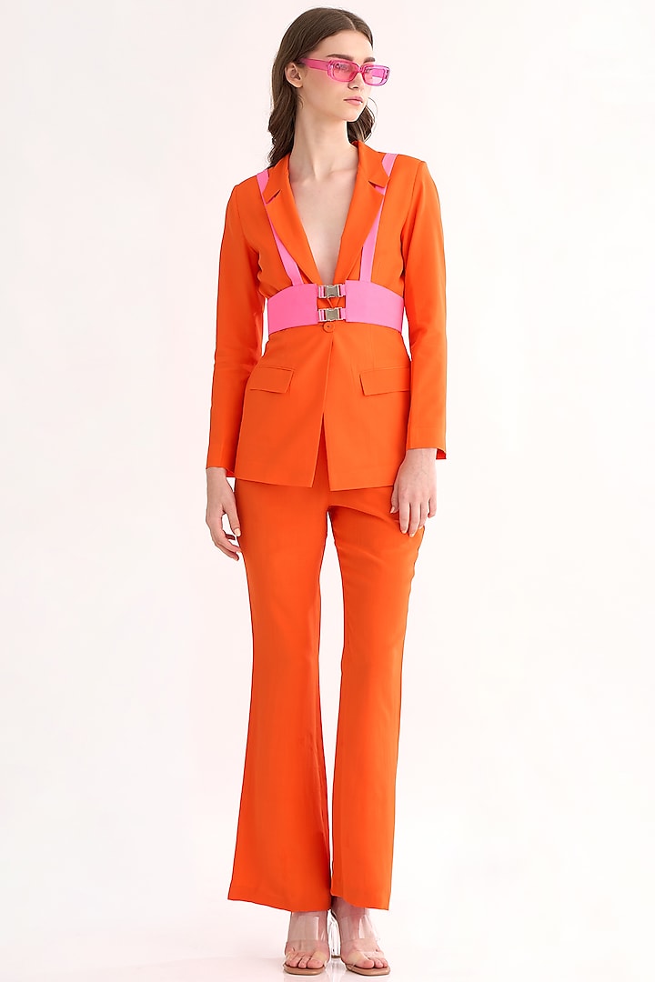 Poppy Orange Silk Crepe Blazer Set With Belt by Our Love