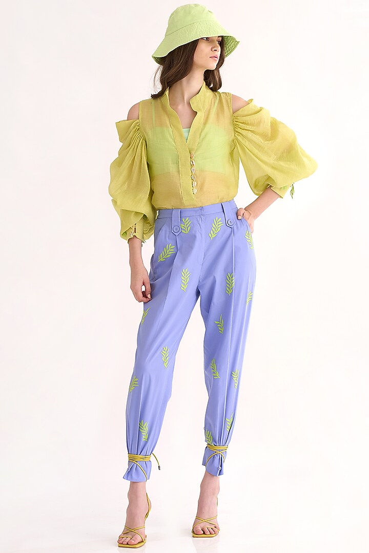 Blueberry Pleated Pant Set With Appliqued Leaves by Our Love at Pernia's Pop Up Shop