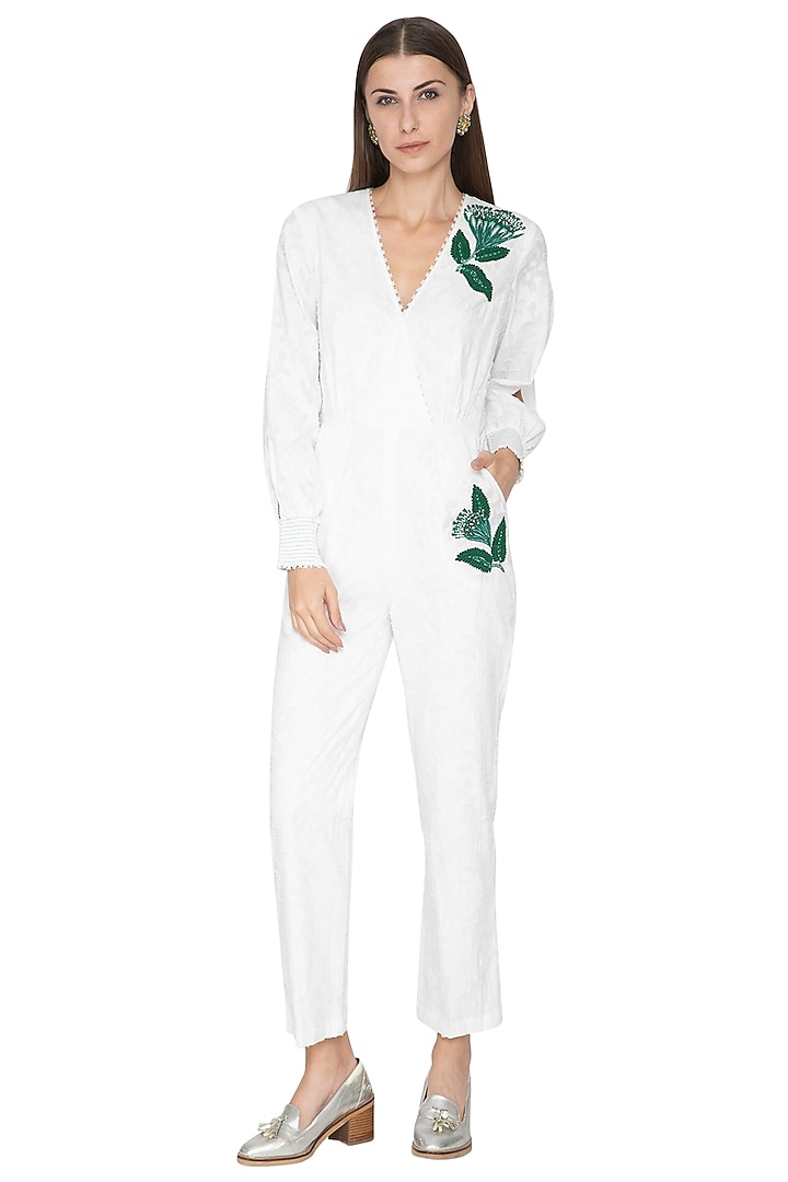 White Printed Embroidered Jumpsuit by Our Love