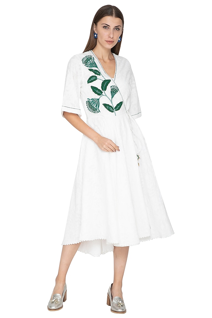 White Printed Embroidered Midi Dress by Our Love