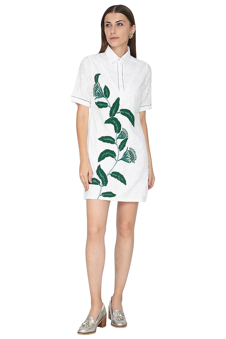 White Printed Embroidered Mini Shirt Dress by Our Love