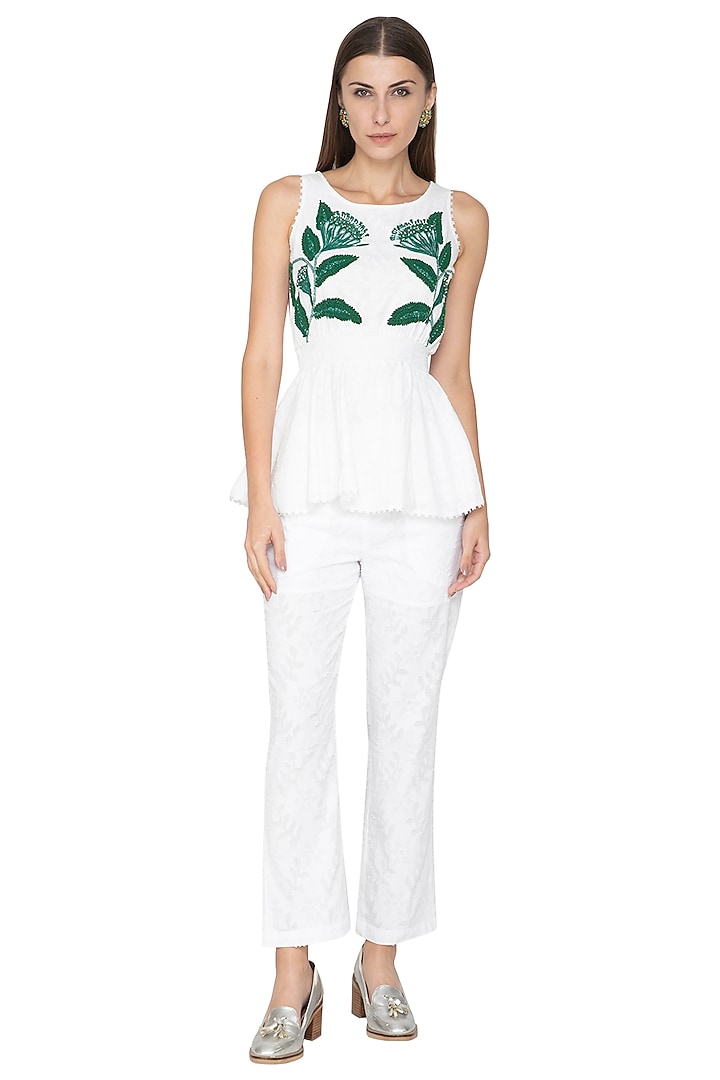 White Printed Embroidered Peplum Top by Our Love