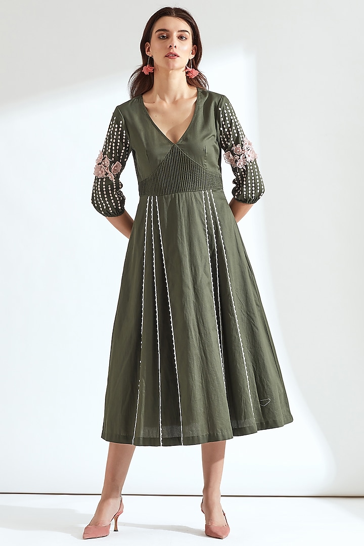 Forest Green Hand Embroidered Midi Dress by Our Love at Pernia's Pop Up Shop