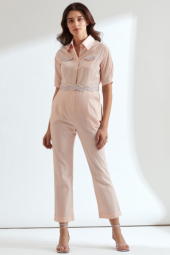 Frosty Pink Embroidered Jumpsuit by Our Love