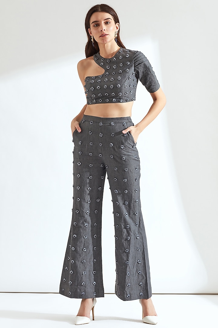Grey Floral Embroidered Crop Top by Our Love at Pernia's Pop Up Shop