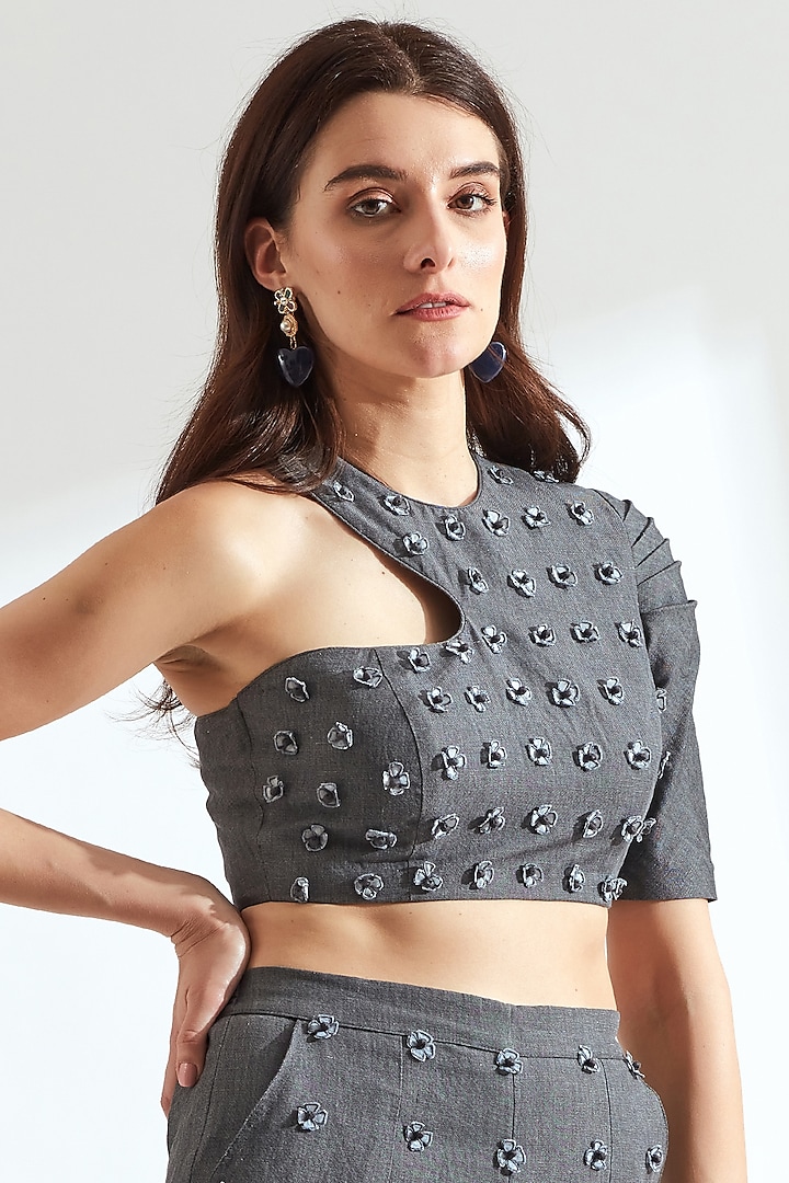 Grey Floral Embroidered Crop Top by Our Love