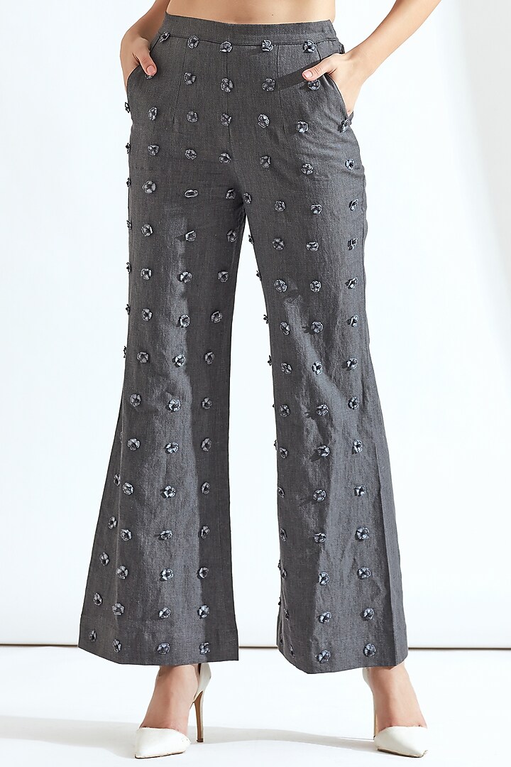 Grey Embroidered Flared Pants by Our Love