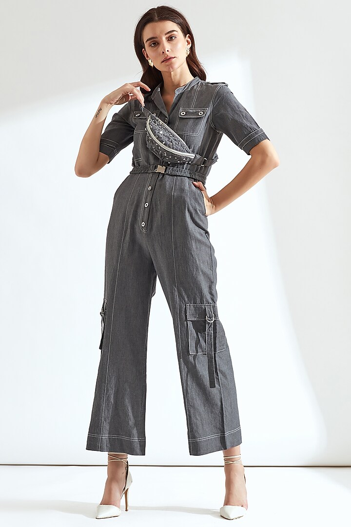Grey Denim 3D Hand Embroidered Belted Jumpsuit by Our Love
