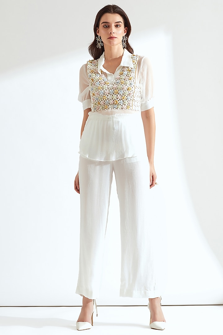 White 3D Embroidered Waist Jacket With Shirt by Our Love at Pernia's Pop Up Shop