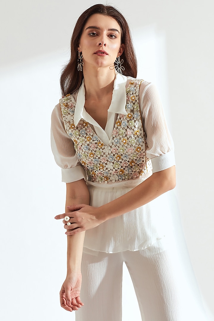 White 3D Embroidered Waist Jacket With Shirt by Our Love