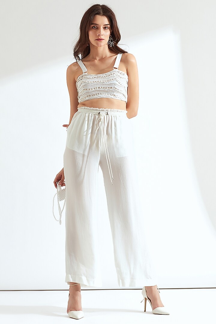 White Crinkled Chiffon Pant Set by Our Love