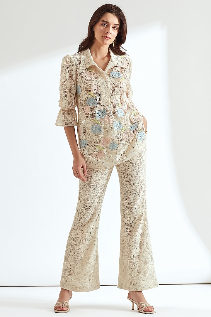 Ivory Embroidered Flared Pant Set by Our Love