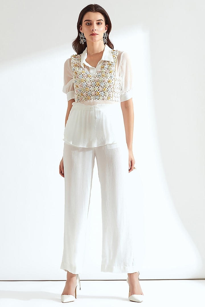 White Hand Embroidered Waist Jacket Set by Our Love