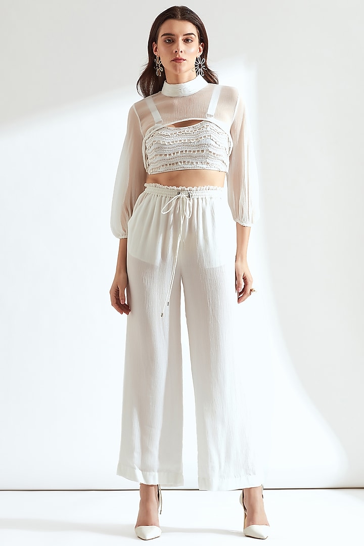 White Crepe Pant Set With Half Cape by Our Love