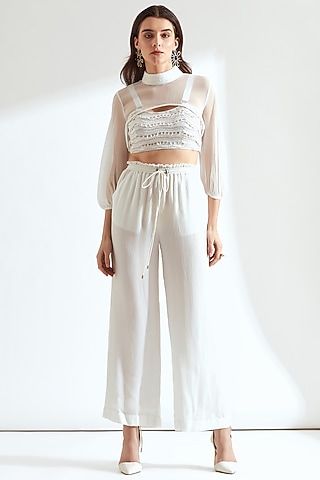 White Crepe Pant Set With Half Cape by Our Love