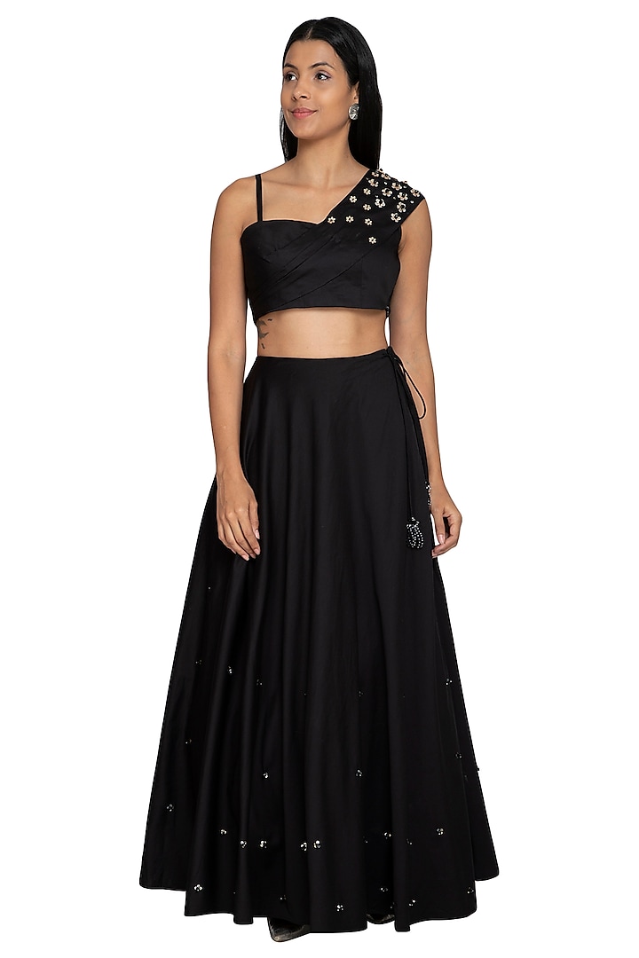 Black Embroidered Draped Crop Top With Skirt by Our Love