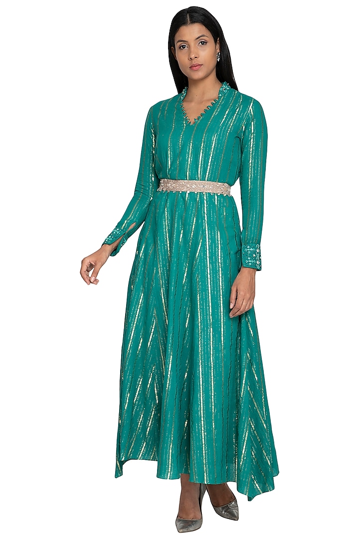 Light Teal Embellished Kurta With Belt by Our Love