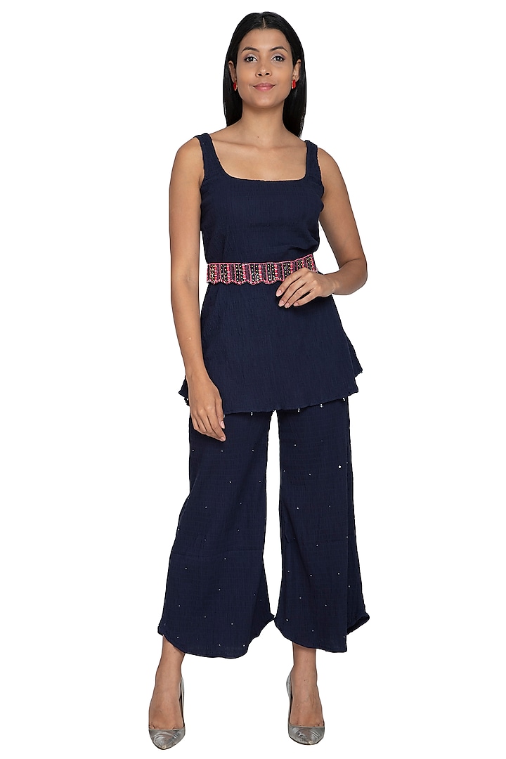 Navy Blue Tunic With Embellished Pants & Belt by Our Love