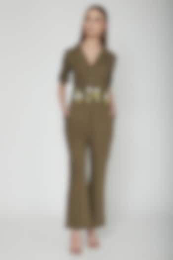 Olive Green Jumpsuit With Embellished Belt by Our Love