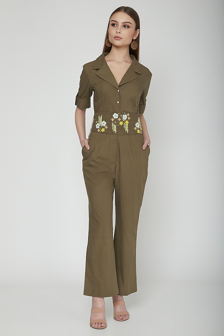 Olive Green Jumpsuit With Embellished Belt by Our Love