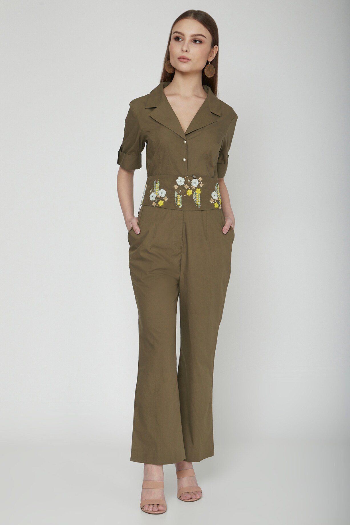 Olive Green Jumpsuit With Embellished Belt Design by Our Love at