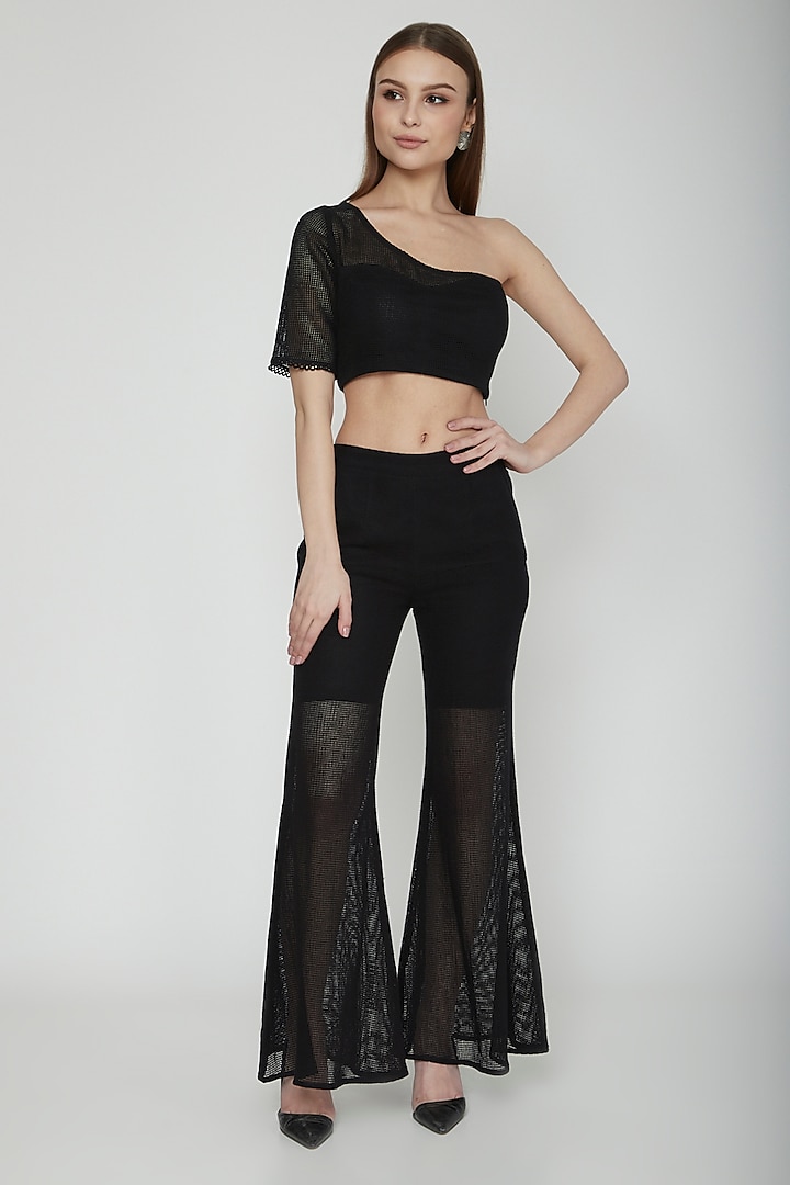 Black Mesh Fit & Flared Sheer Pants Design by Our Love at Pernia's Pop ...