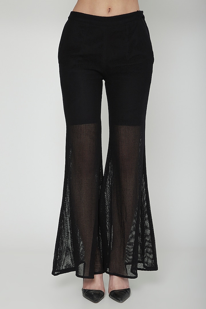 Black Mesh Fit & Flared Sheer Pants by Our Love