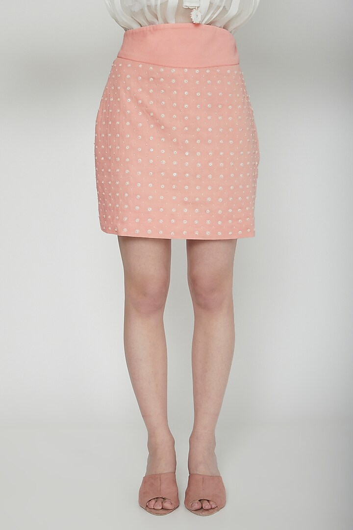 Salmon Pink Embroidered Mini Skirt by Our Love at Pernia's Pop Up Shop
