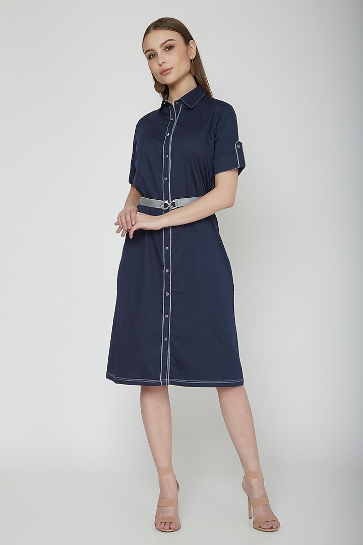 Navy Blue Shirt Dress With Buckled Belt Design by Our Love at Pernia's