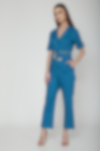 True Blue Jumpsuit With Embroidered Bag Belt by Our Love