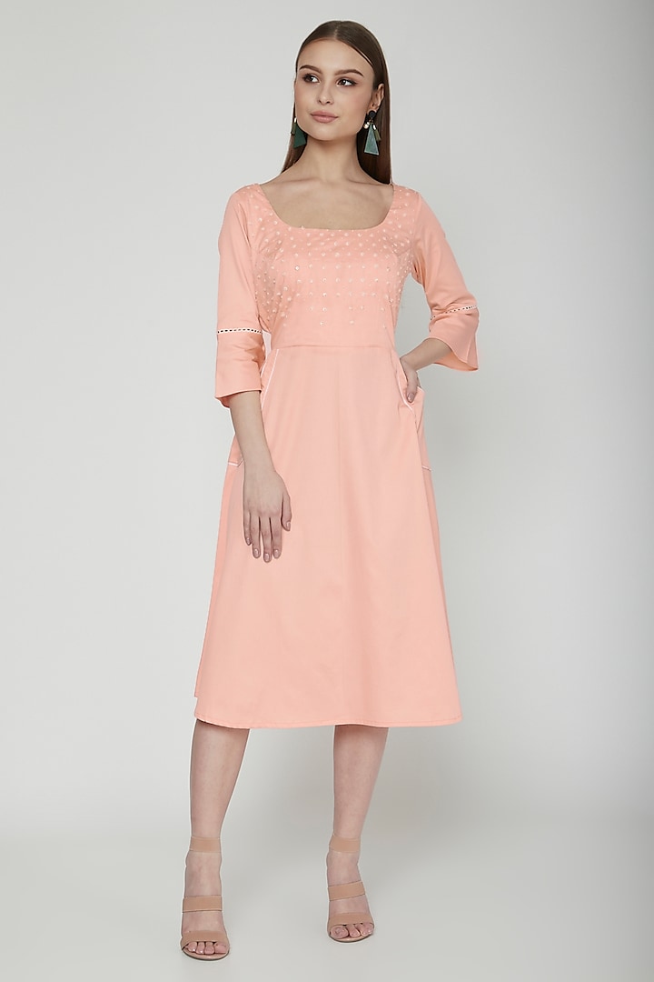 Salmon Pink Embroidered Midi Dress by Our Love