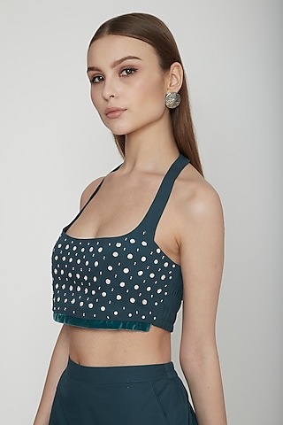Teal Green Embroidered Halter Neck Crop Top by Our Love