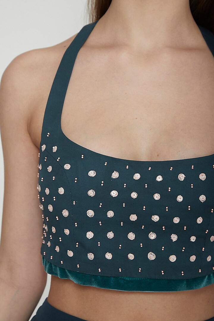 Teal Green Embroidered Halter Neck Crop Top by Our Love at Pernia's Pop Up Shop