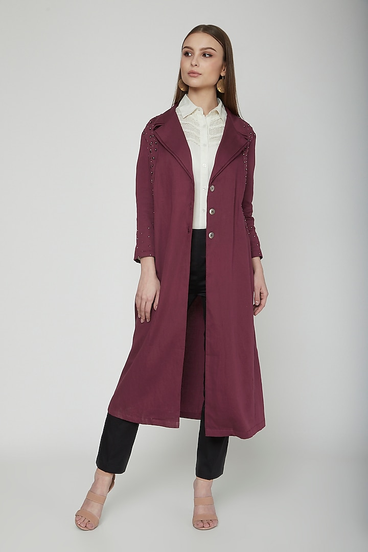 Sangria Embroidered Trench Coat With Belt by Our Love