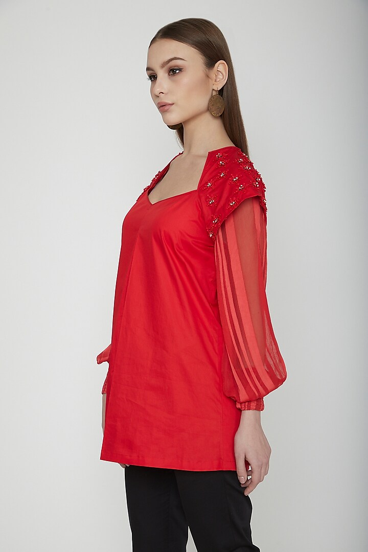 Red Embroidered Power Shoulder Top by Our Love